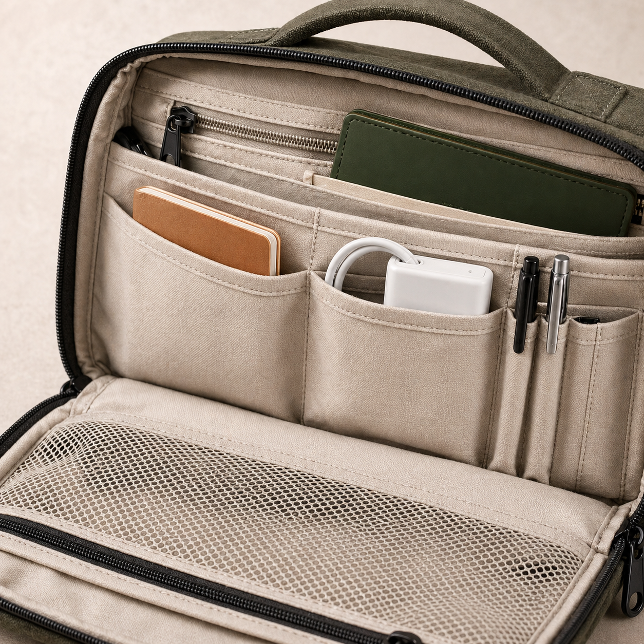 Interior organizer pockets with a notebook, cable, and pens.