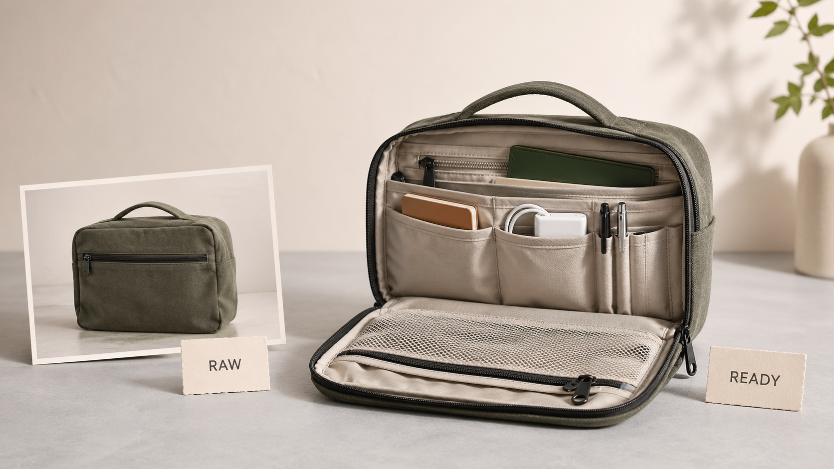Open canvas travel organizer bag arranged as a clean ecommerce hero photo.